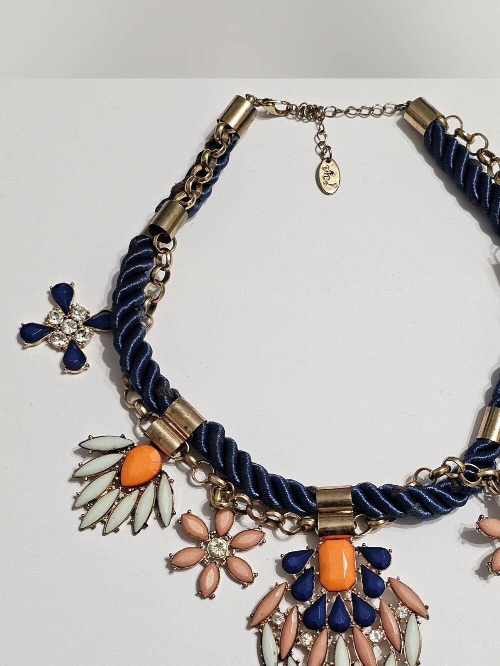 Lia Sofia Fiesta Floral Mixed Media Bib Statement Necklace Navy Rope Gold Boho